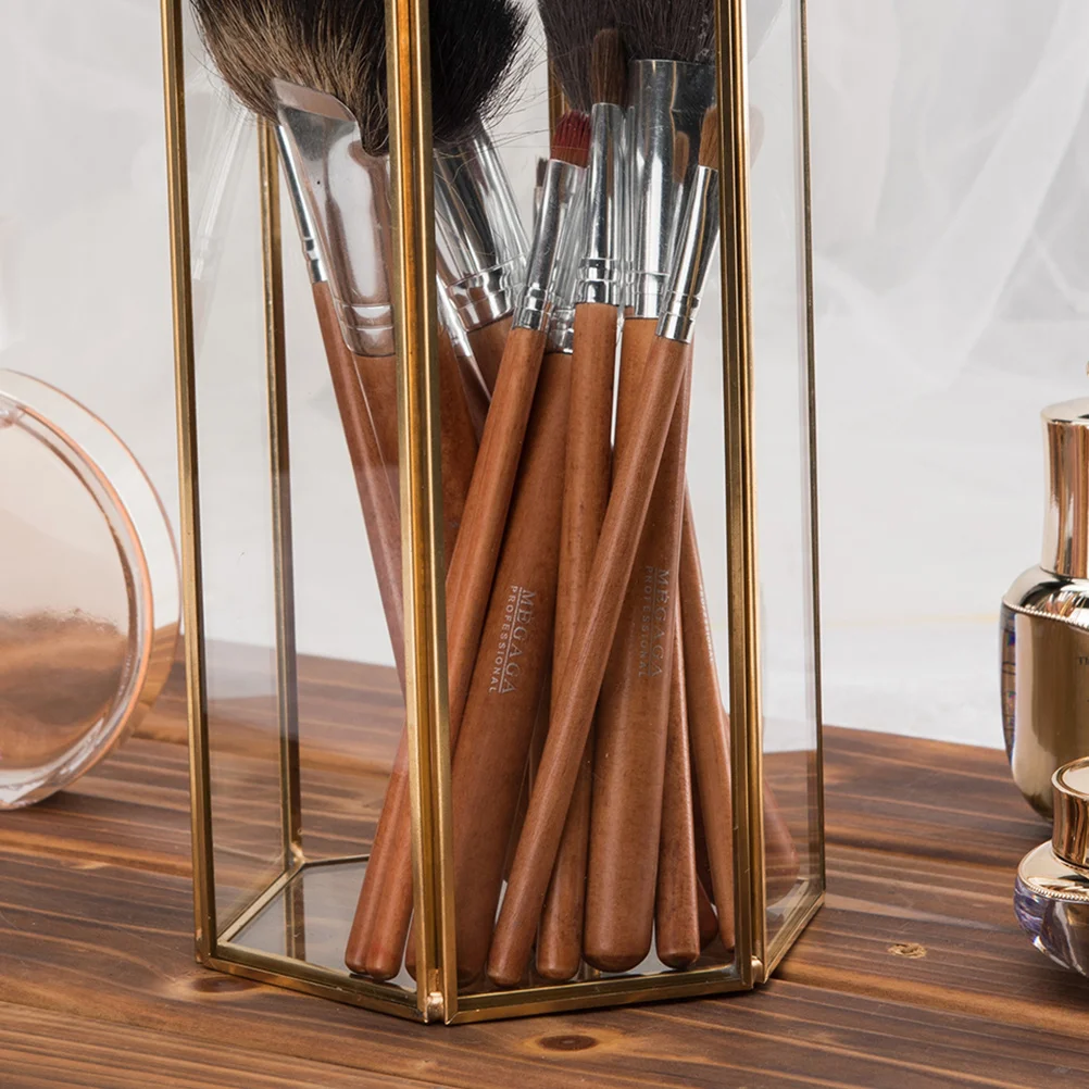 

Hexagon Makeup Organizer Storage Box with Cover Golden Copper Finish Transparent Glass Brush Holder for Dressing Table Keeps
