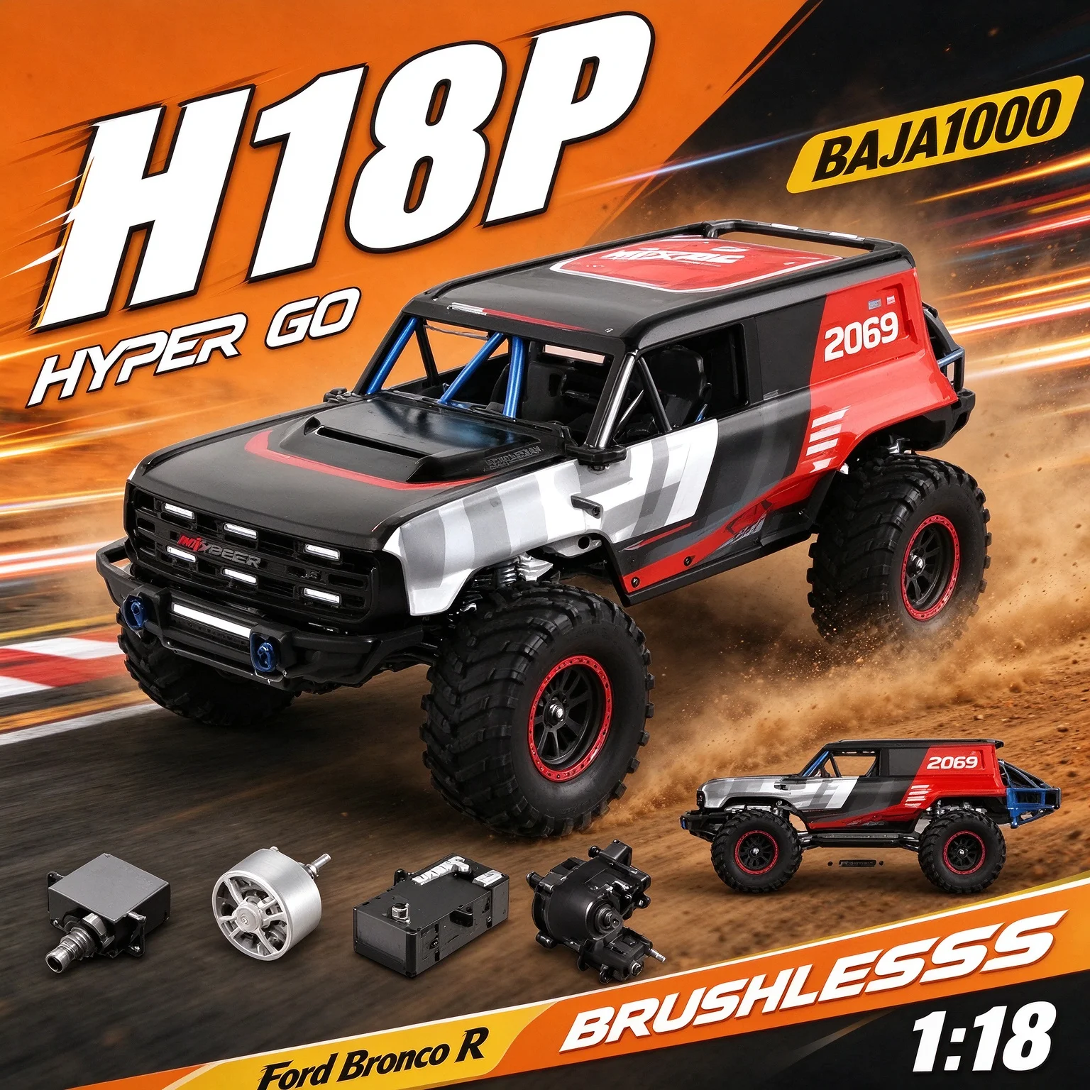 MJX H18P 1/18 Scale Ford Bronco Brushless 4WD Remote Control Off-Road Climbing Crawler All-Terrain Vehicle Toy for Ages 14+