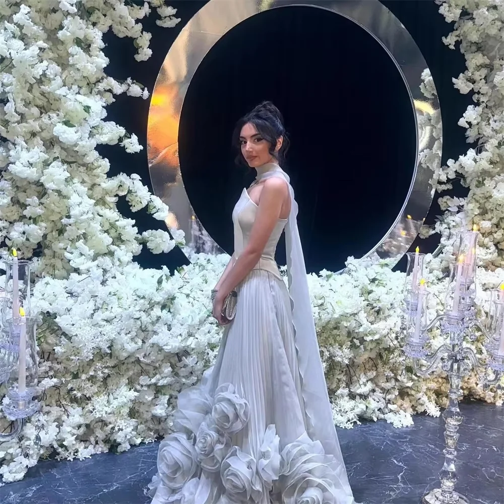 그레이 홀터 3D 꽃 댄스 파티 드레스 화려한 민소매 vestidos de noiva 맞춤형 a 라인 바닥 길이 이브닝 공식 가운