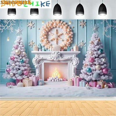 

Christmas Day New Year Party Photography Backdrops Prop Window Living Room Interior Xmas Tree Snow Theme Photo Background FN-75