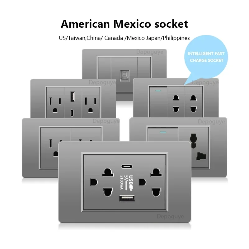 American Standard Grey PC Usb Type-c Power Outlet,Home Wall 2way Electrical Light Switch Panel,US Mexico Double USB Socket Plug image 2