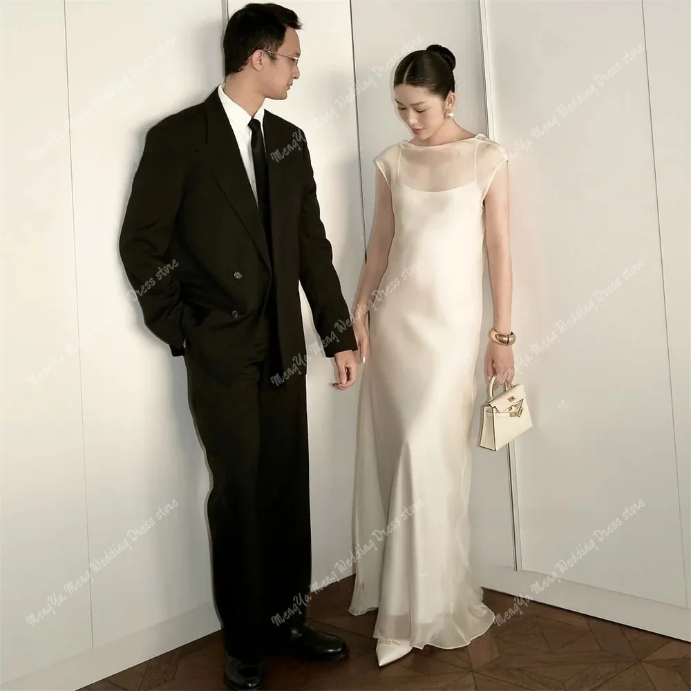 Abiti da sposa eleganti a sirena con apertura sul retro O-Collo in organza senza maniche fino al pavimento Abiti da sposa Corea Photoshoot Personalizzato 2025