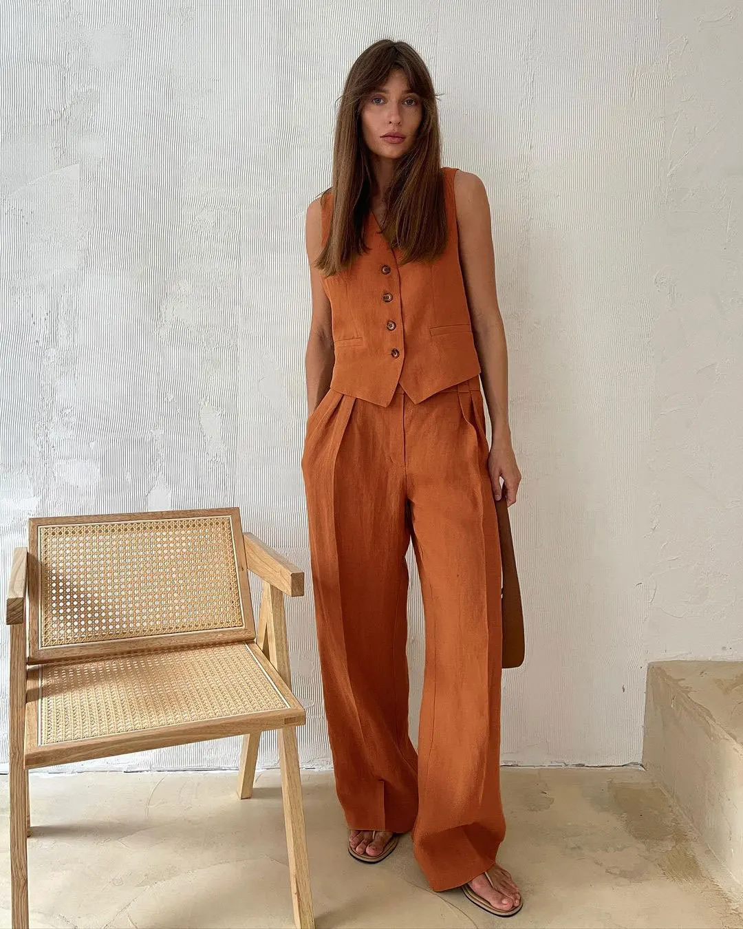 Autumn Spring Two Piece Wide Leg Pants Set Women V-neck Single Breasted Sleeveless Vest+Straight Wide Leg Shorts Suit Set