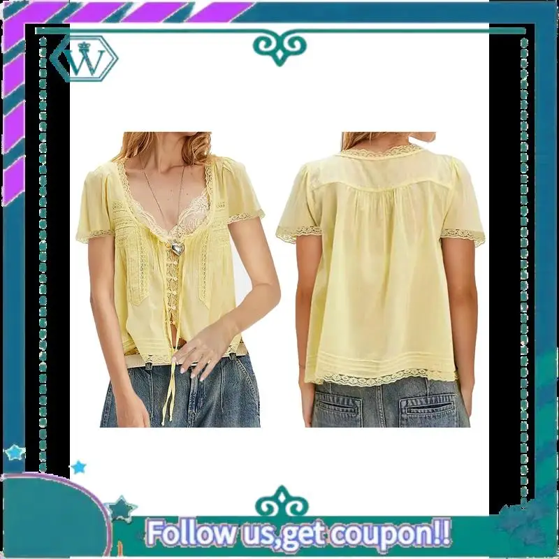 

A09P Women Tie Front Lace Trim Top Sheer Short Sleeve Scoop Neck Button Shirt Y2k Ruffle Flowy Boho Crop Tops