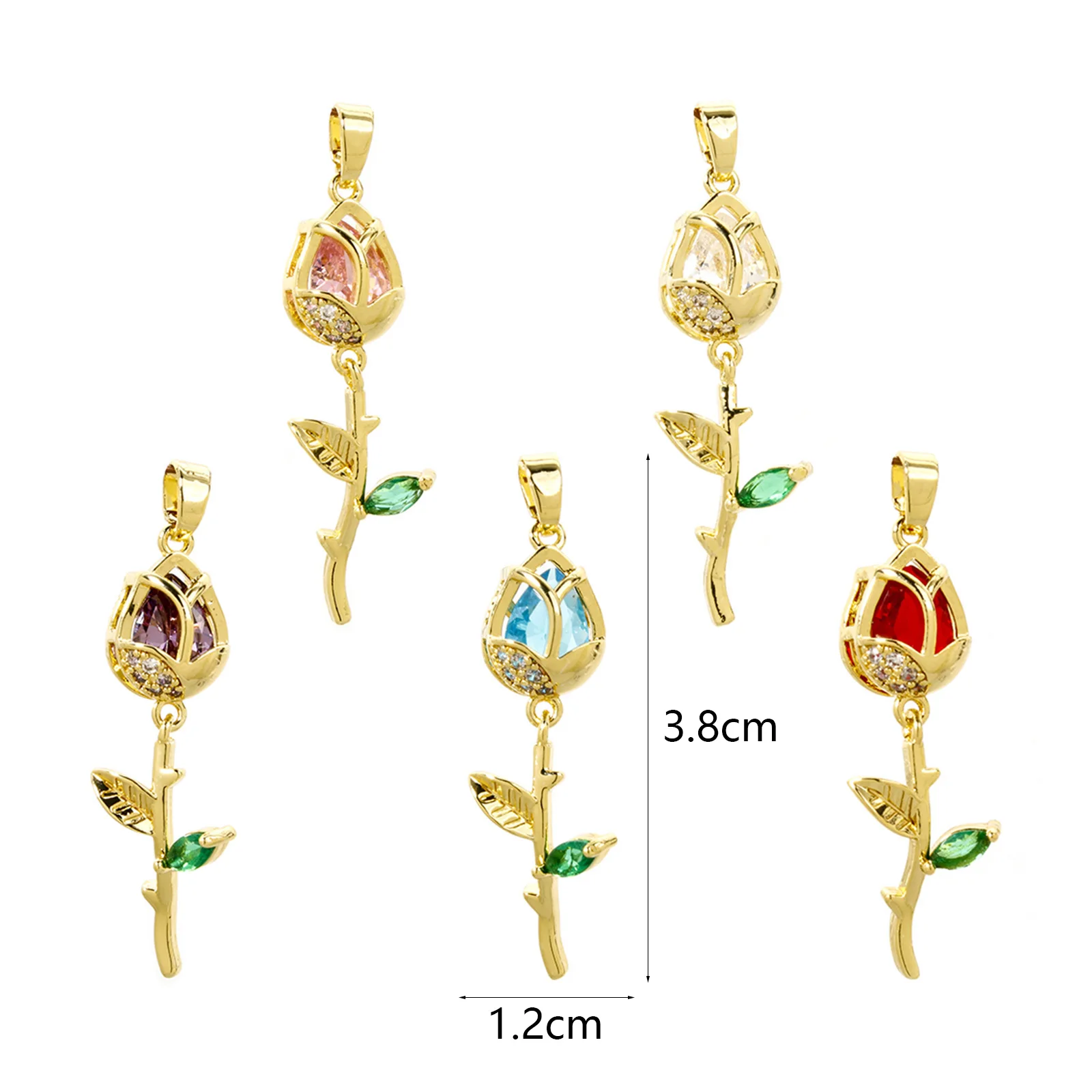 2pcs Brass Pendants Gold Color Tulip Flower Micro Pave Clear Cubic Zirconia Charms DIY Necklace For Women Jewelry 3.8cm X 1.2cm