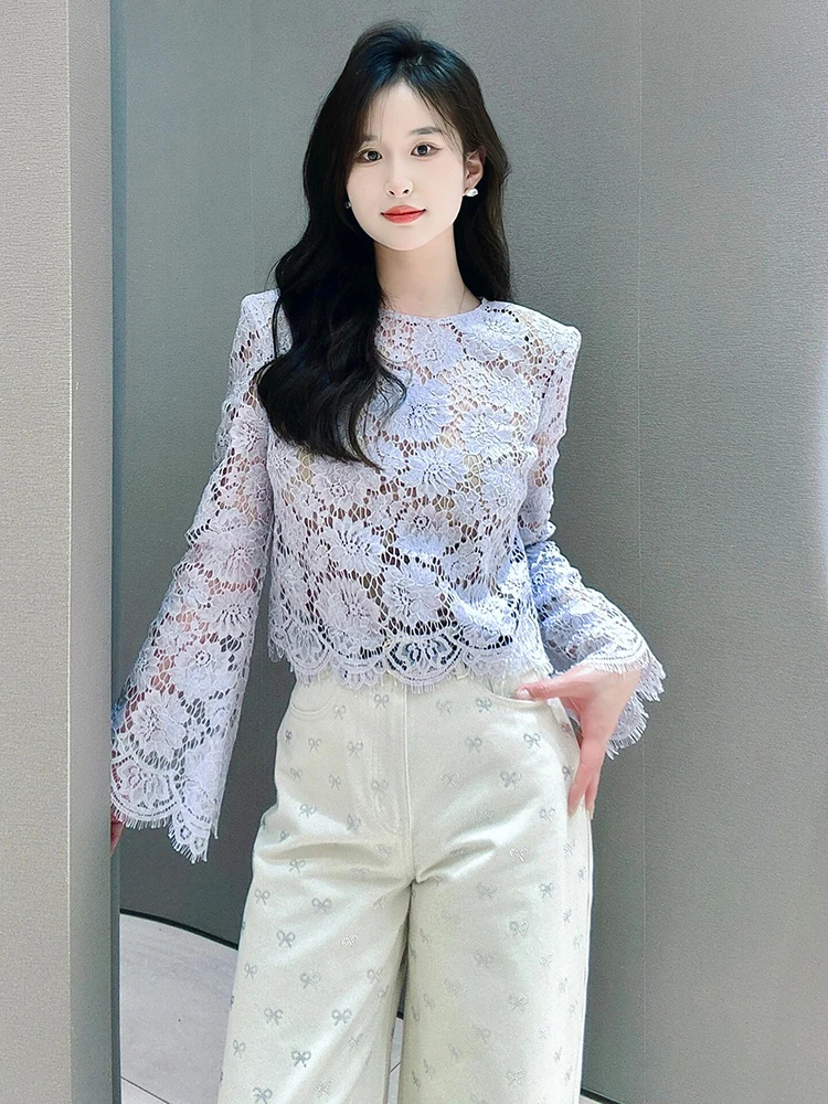 

Short Lace Hollow out Women's Shirt SP Home South Oil High End Summer Fashion Elegant Lady Style Floral Print Loose Fit Long ...