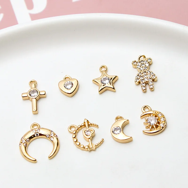 1pcs Diy Jewelry Accessories Copper Gold-plate Zircon Stars Peach Heart Moon Small Pendant Earrings Necklace Material Charms