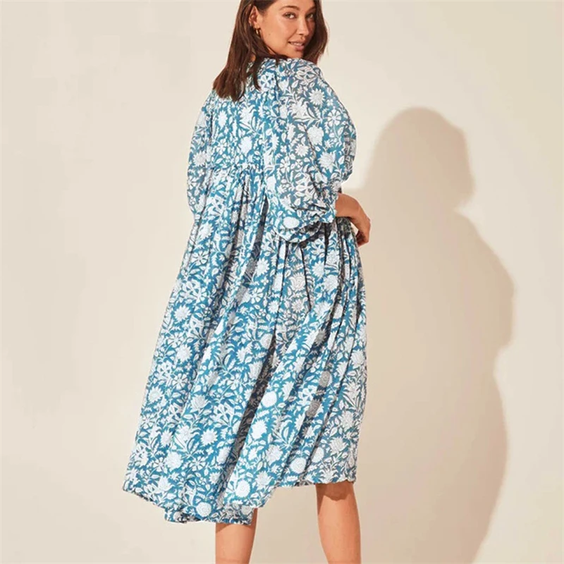 Hot New Floral Printed Beach Dresses Fashion Loose Dresses Casual Long Sleeve Dresses