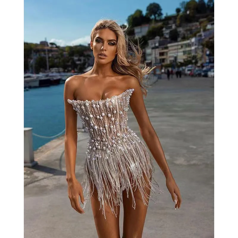 

Hot Sale Dress Dress Beaded Sequins Tassel European and American Fashion Sexy Tube Top Short Type Dress