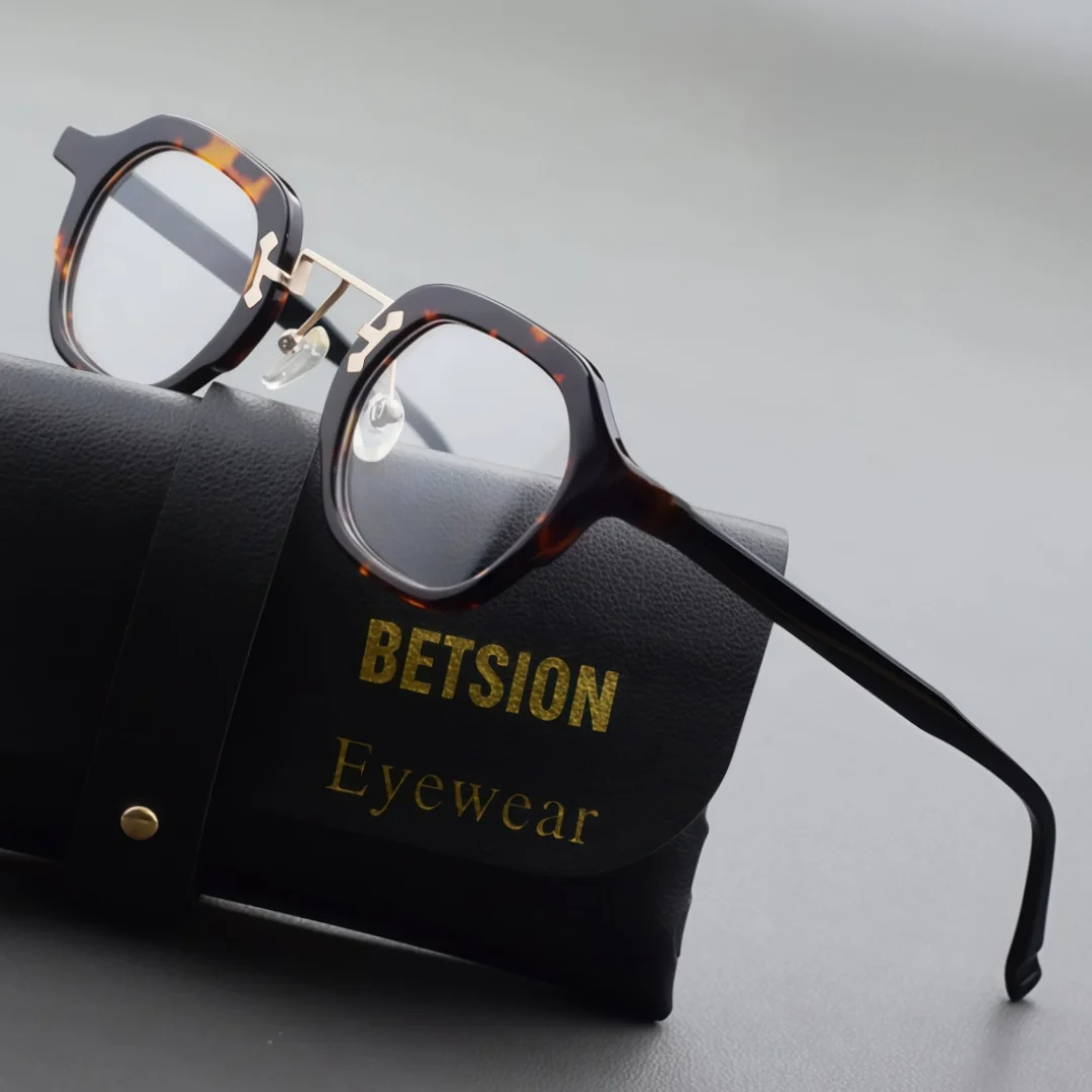 

BETSION Trendy Geometric Acetate Eyeglasses Frame Men Women Retro Small Spectacle Frame Tortoise & Black Color Eyewear #76811