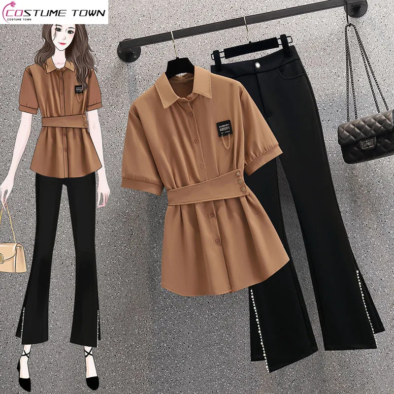 

Large Women's 2023 Summer New Korean Style Temperament Set Women's Fashion Slim Chiffon Shirt+Flare Pants Two Piece Set