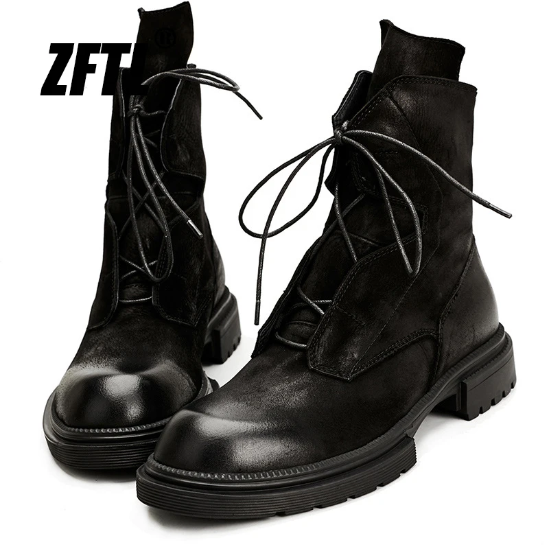 ZFTL Men\'s Casual Boots Vintage Lace up Boots Man Ankle Boots RetroTooling Boots Biker Cowhide Boots High end brand 2023