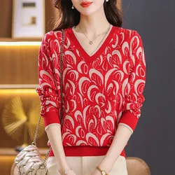 Maglione lavorato a maglia elegante Patchwork Jacquard moda coreana da donna autunno inverno con scollo a V manica lunga Pullover allentato top maglioni