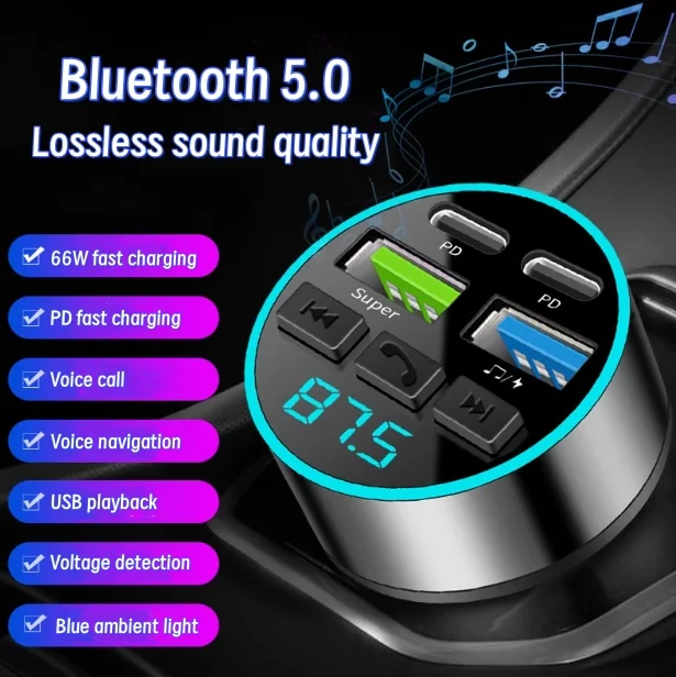 New Fashionable Car MP3 Bluetooth Player Conversion Cigarette Lighter Car Bluetooth Fast Charging Multifunctional Car Charger