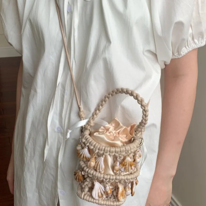 

Handmade Shell Woven Bag Bead Handbag Seashell Drawstring Lining Diagonal Tote Women Wedding Party Bag Versatile Shell Woven Bag