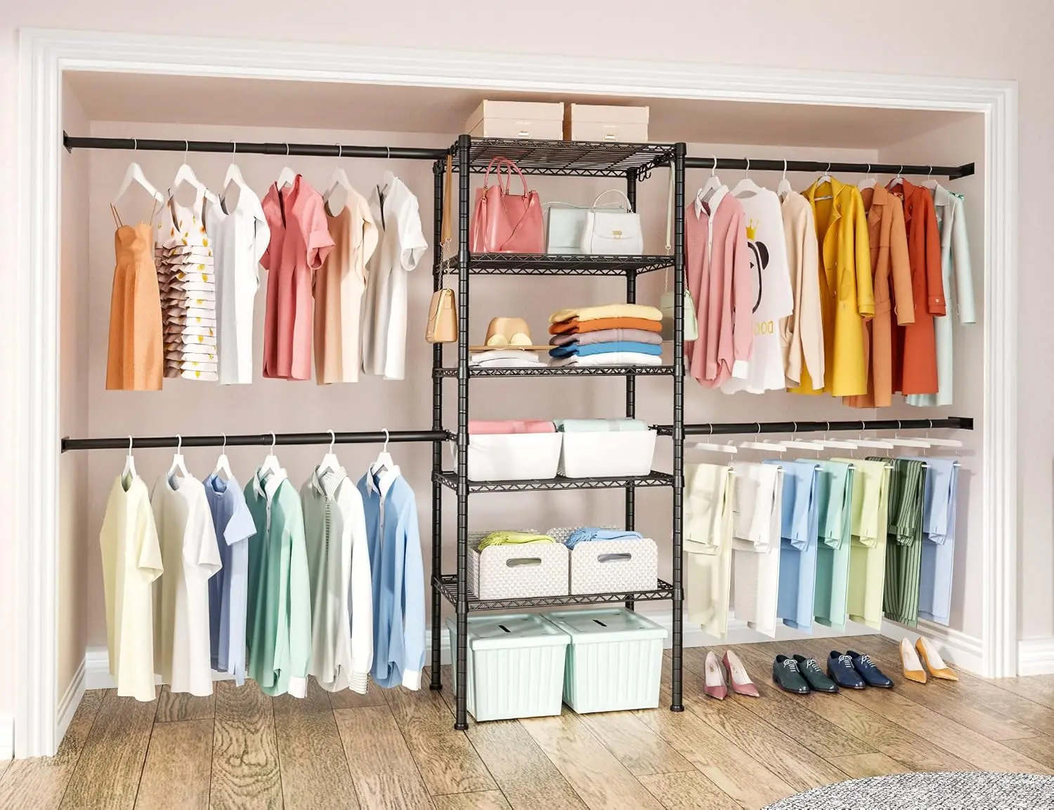 Closet Organizer System, 5.9 Feet Height Mounted to the Wall Garment Rack with 4 Expandable Hanger Rods, 5 Shelves in 23.6