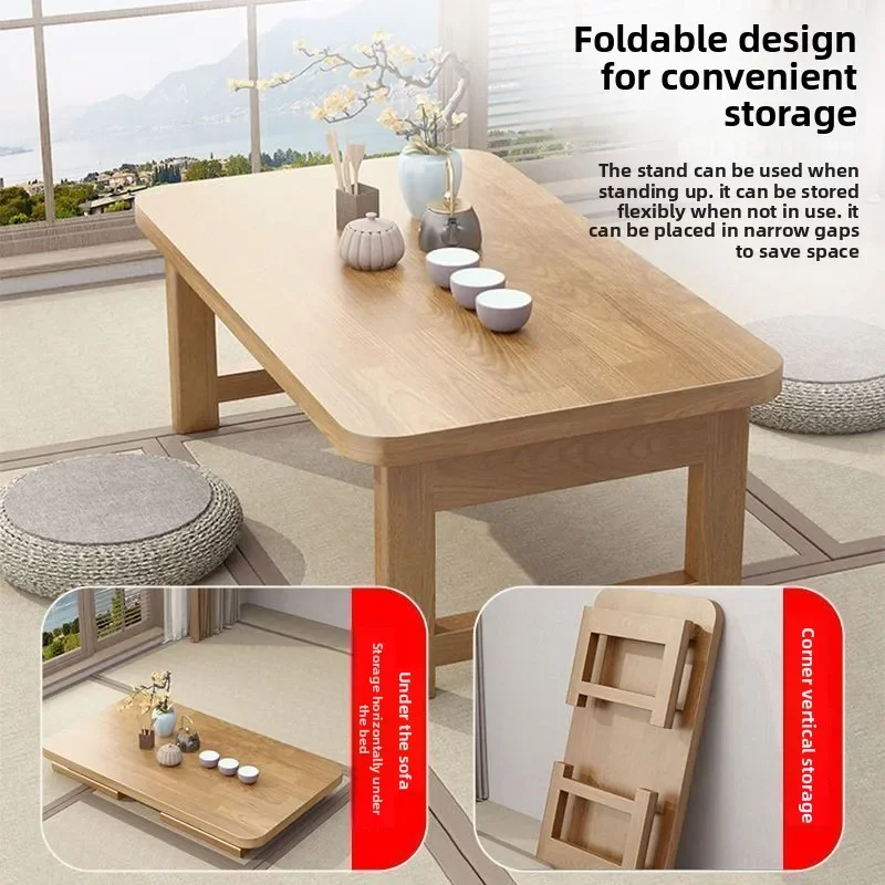 Solid Wood Folding Tatami Table, Bay Window Kang Desk, Household Small Writing Coffee Table with Storage for Students
