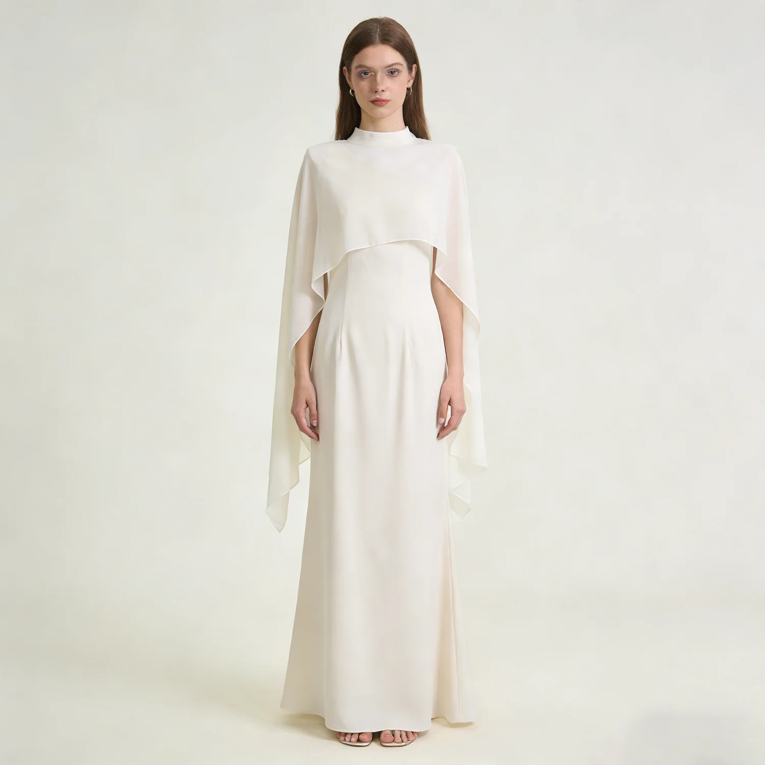 NOVA Women's Stand Collar Capelet Maxi Dress Asymmetric Slit Satin Ivory Elegant Wedding Guest Evening Dress