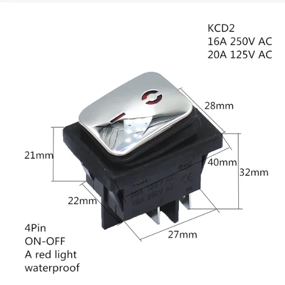 Impermeável barco-Shaped Rocker Switch, superfície de aço inoxidável, 4 pinos de 2 velocidades com luzes LED, interruptor de alta corrente, 20A, KCD4