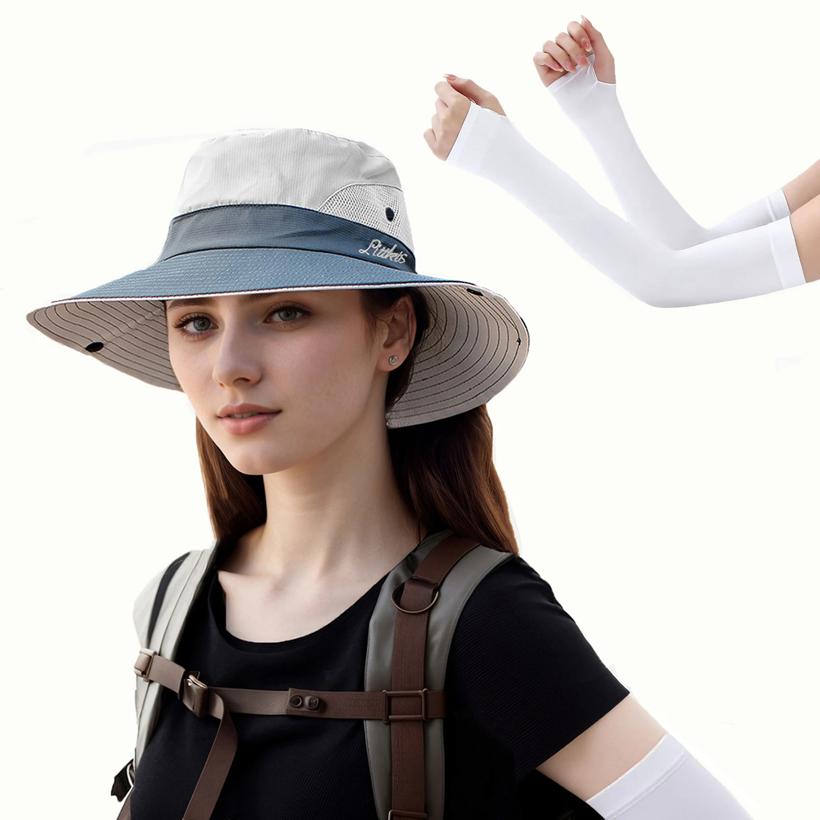 3pcs/set Sun Hats for Women with Protective Sleeves for Arms UV Protection Wide Brim Bucket Hats Summer Ponytail Hat with Hole