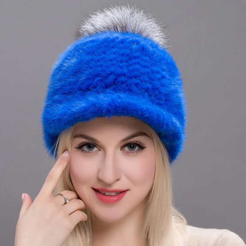 

New Mink Woven Hat Super Large Fox Fur Needle Woven Duckbill Hat Fur Ear Protection Warm Beanies European and American