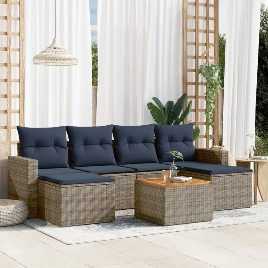 

7 Piece Patio Sofa Set with Cushions Gray Poly Rattan
