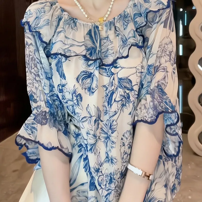 

Women's Flower Printing Round Neck Pullover Chiffon Butterfly Sleeve Tie Dye T-shirt Casual Loose Elegant Fashion Clothing Tops