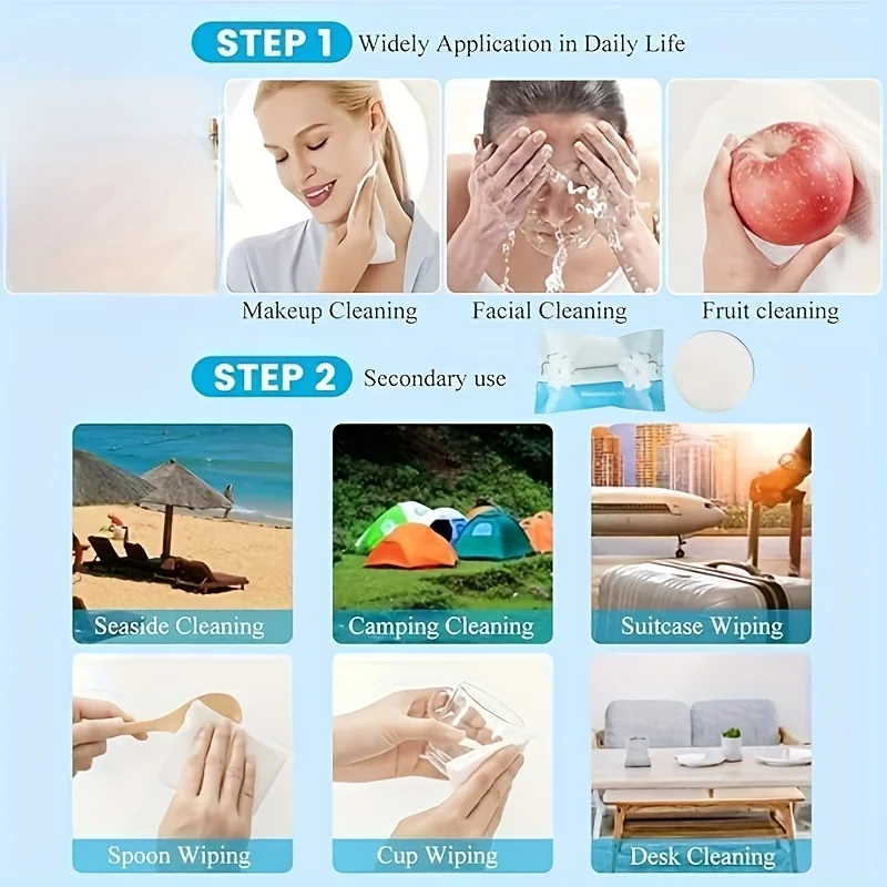 圧縮タオル、個別包装、ウェット＆ドライメイク落とし、旅行用携帯厚手小型正方形タオル、キャンプ用タオル