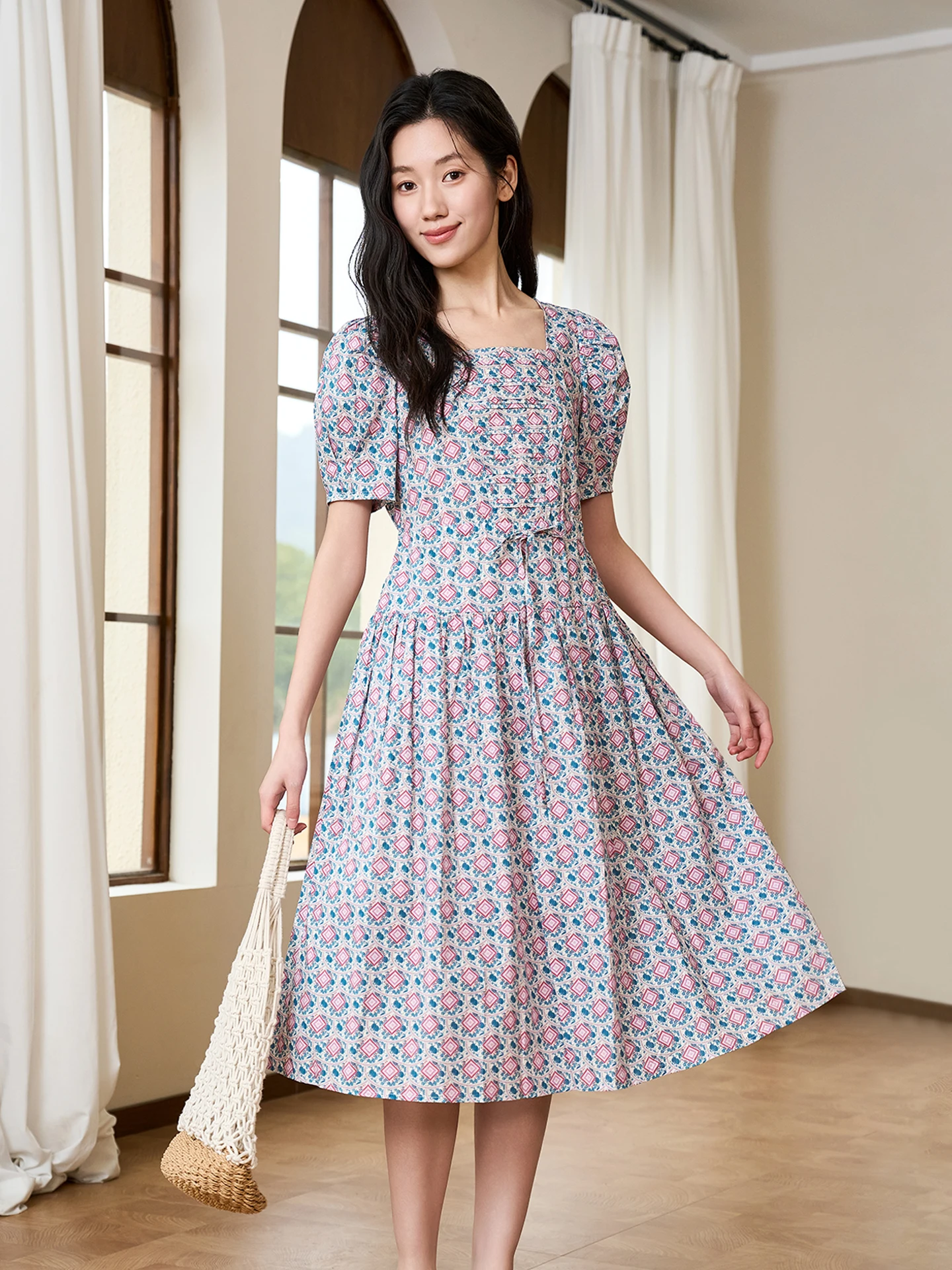 

Elegant Drawstring Square Neck Stripe Dress Women's Summer New Slimming Waist Cinched Versatile Skirts Cotton Bubble Sleeve