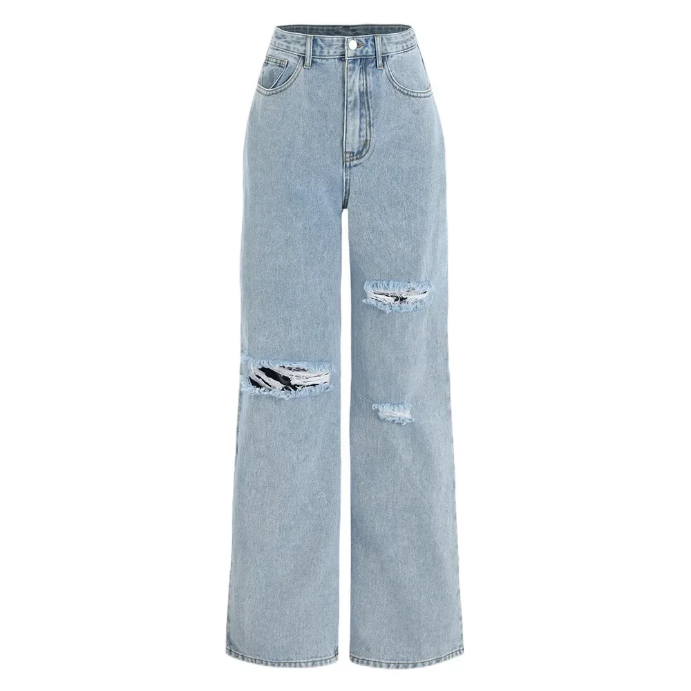 

Hole Jeans Women Ripped Straight Pants High Waist Washed Distressed Denims Pockets 2025 Vintage Ankle Length Trousers Streetwear