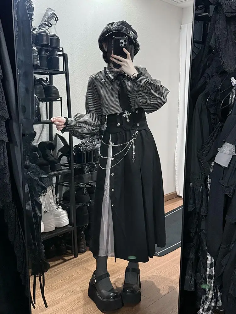 New Subculture Gothic Vintage 2 Piece Set Women Retro Y2k Long Sleeve Tops Blouse + High Waist Retro Skirt Harajuku Chic Outfits image 5