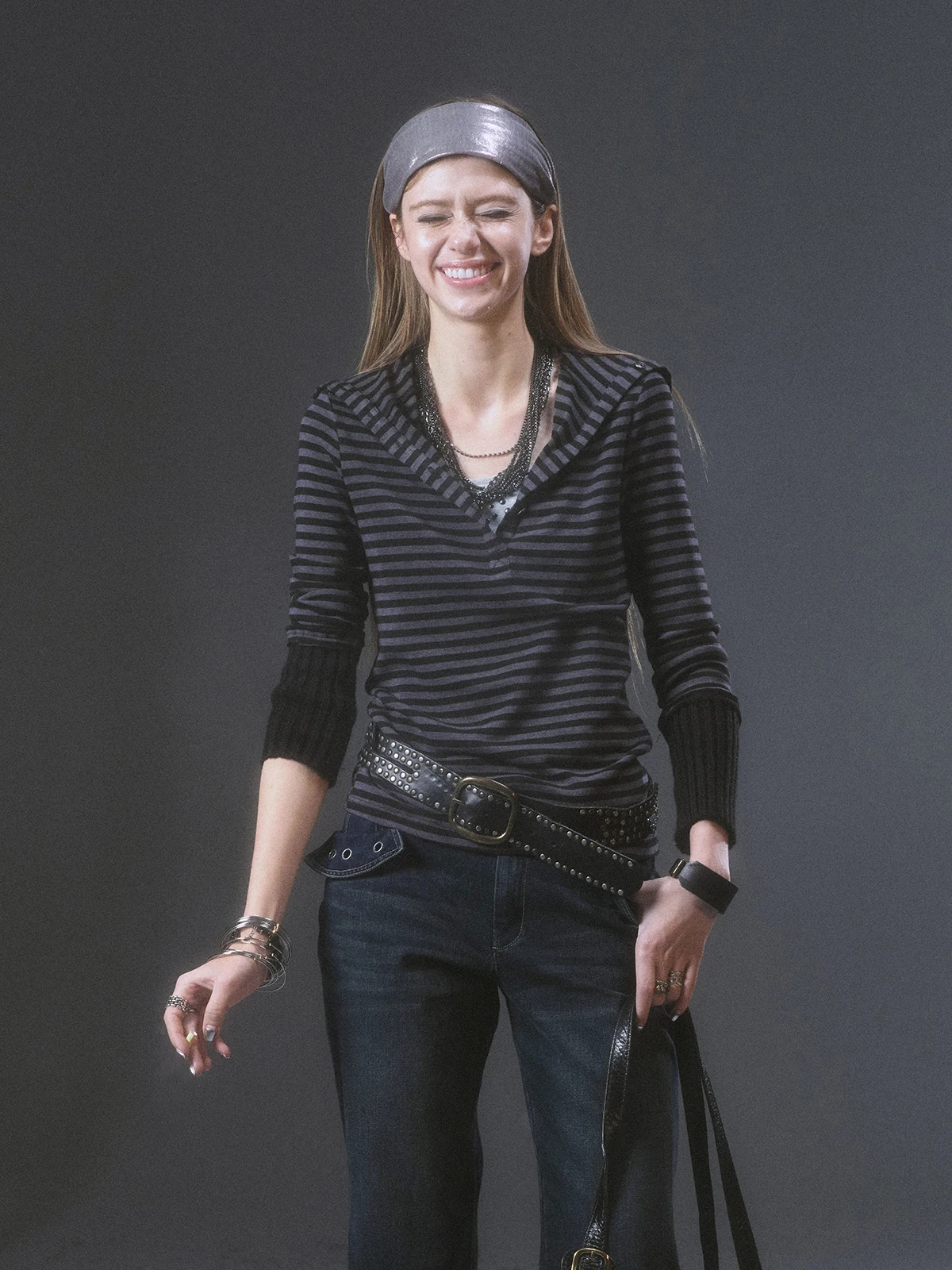 

Вязаный лонгслив WeaAndtear в стиле панк с полосатым узором и цветовыми блоками, черно-серый, для уличной моды