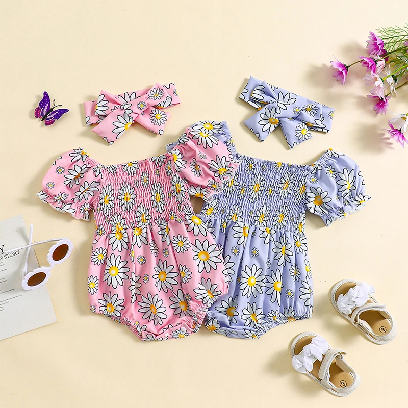 

Tregren 0-24M Newborn Baby Girl Romper Floral Print Short Sleeve Jumpsuit with Cute Headband Set Summer Clothes Infant Outfits