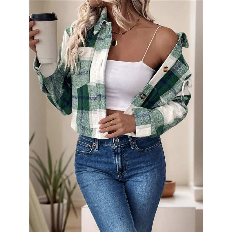 Veste courte à carreaux pour femmes, chemise boutonnée à la mode, manteau d'automne 2025
