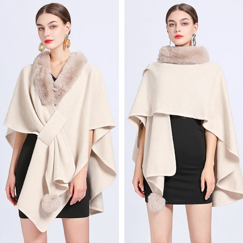 Women Ponchos Coat Elegant Casual Faux Fur Collar Shawl Cloak Bohemian Shawl Autumn Winter Oversize Sleeveless Fashion Capes