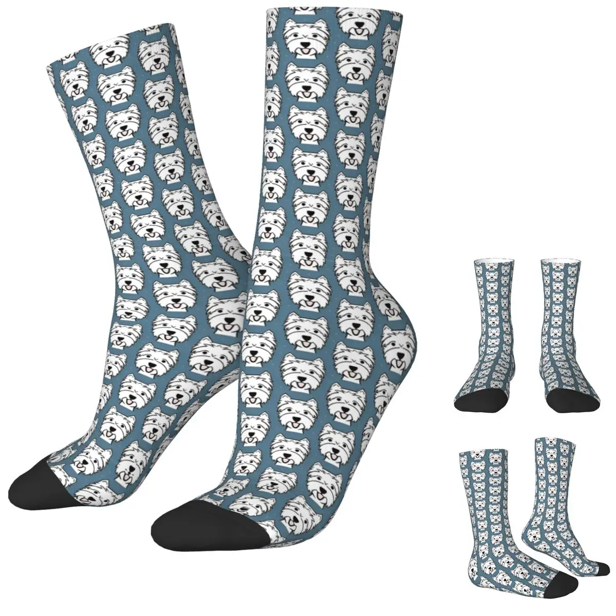 West Highland Terrier Westie Dogs Blue Socks Harajuku Stockings Autumn Anti Bacterial Men's Socks Soft Printed Skateboard Socks