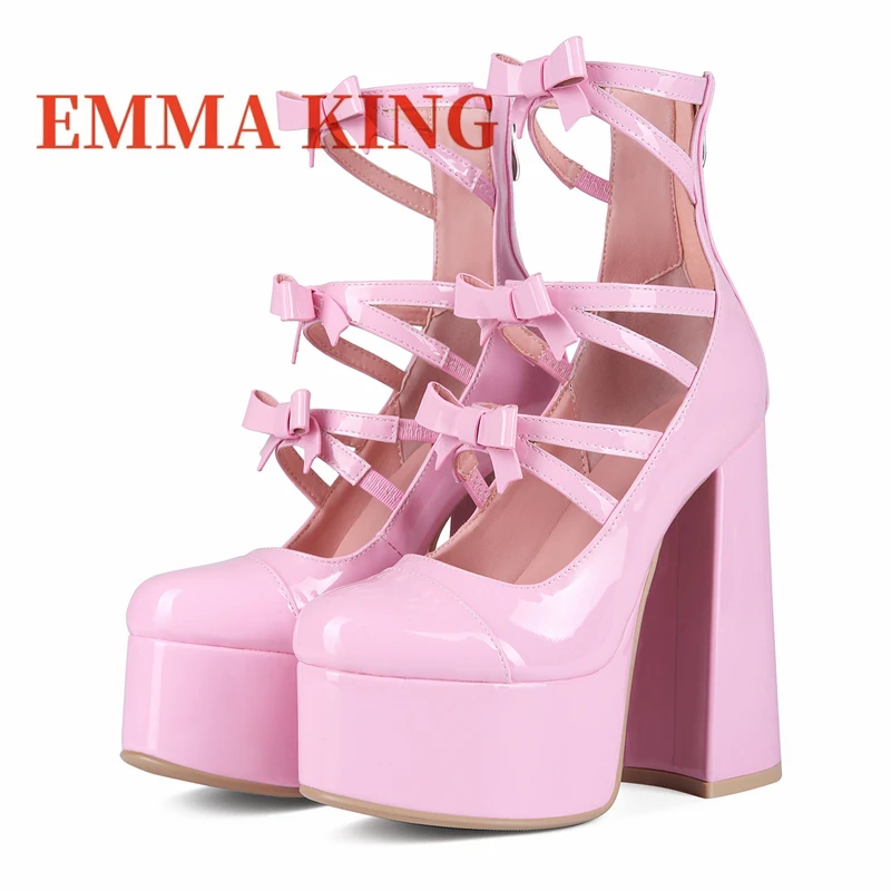 المرأة منصة صندل كعب عالٍ حجم كبير القوس حزام الوردي براءات الاختراع والجلود الصنادل الكاحل حزام كعب الأحذية أحذية لوليتا الأحذية