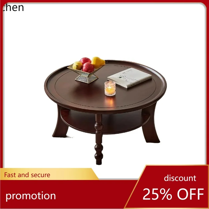 

HT antique coffee table retro living room household double layer 1 meter round walnut all solid wood coffee table