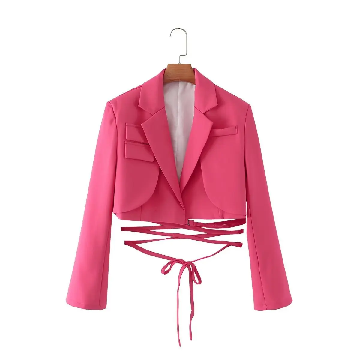 Gray Double Layer Bandage Slim Blazer Women Long Sleeve Pocket Short Jacket Female Notched Collar Outwear Tops 2025 New