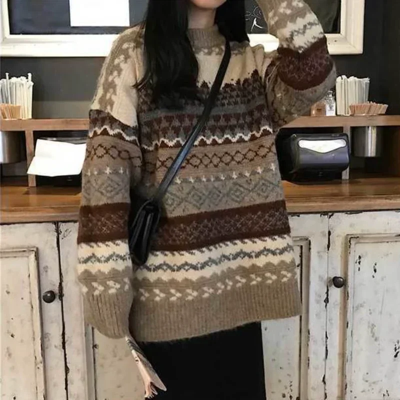 PTKPCC New Vintage Sweater Women's Pullover Winter Striped Pullover Korean Version Loose Pullover Knitted Casual Loose Sweater