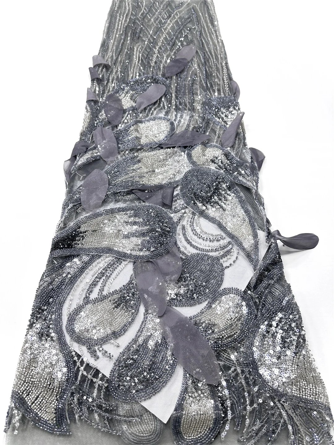 Di lusso 3D Del Merletto Africano Perline Pesanti Tessuto di Pizzo di Alta Qualità 5 Metri Nigeriano Paillettes Francese Tessuto di Tulle Materiale Per La Cerimonia Nuziale