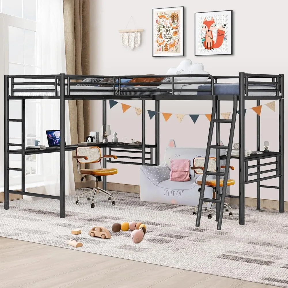 Cama alta em forma de L de tamanho duplo com 2 mesas embutidas, cama de canto loft de metal com 2 escadas e trilho de proteção de segurança, beliche resistente