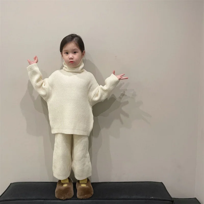 Girls Tops +Pants Kids Suits 2PCS/Set Cotton 2024 Turtleneck Knitting Spring Autumn Cotton Tracksuit Jogging Suit Christmas Gift