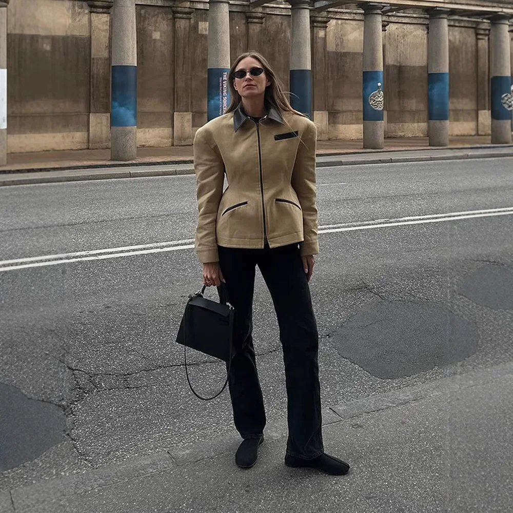 Retro Autumn Women's Motorcycle Jacket Brown Turn Down Collar Zipper Fly Pockets Female's Coat Chic High Street Outwear For Lady