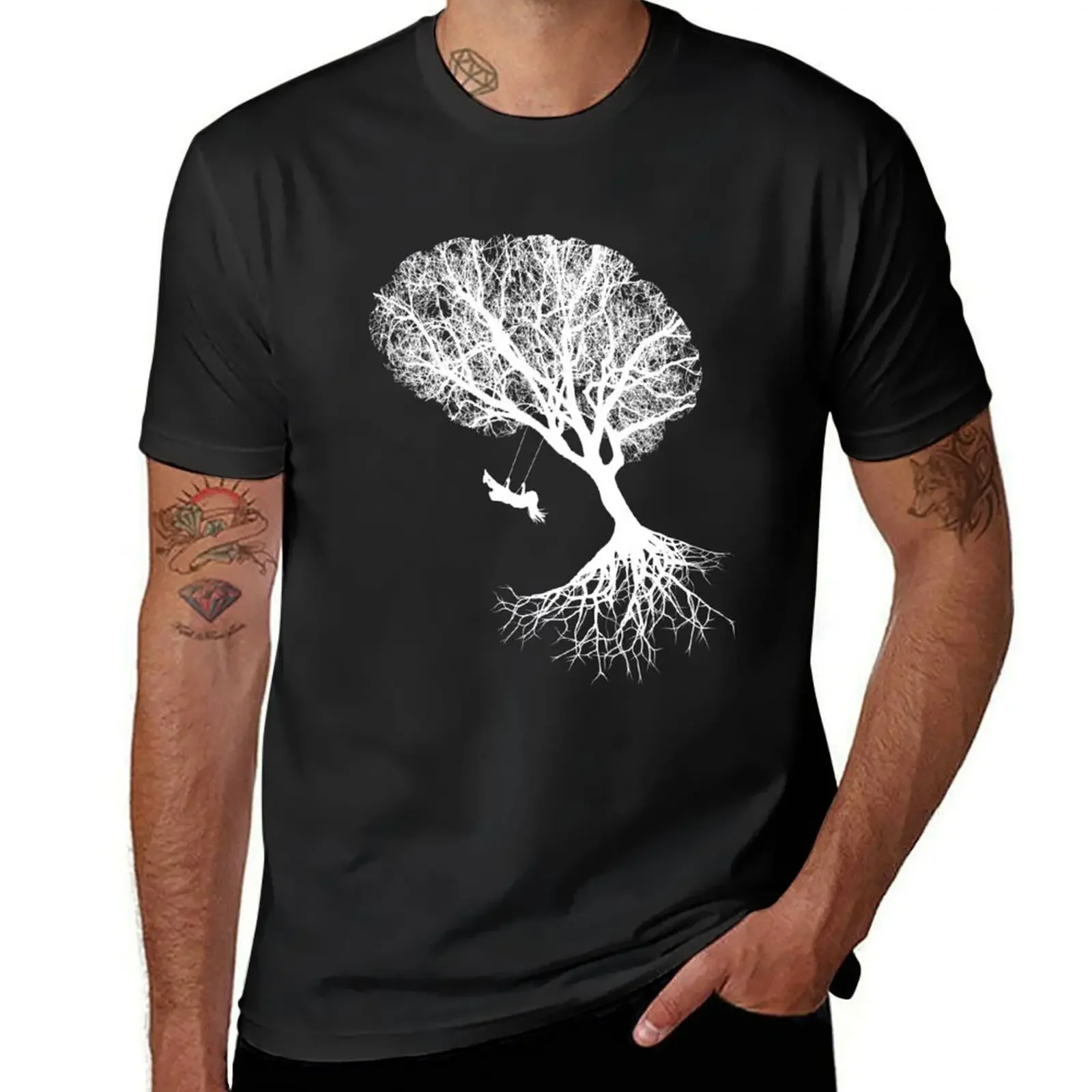 brain art, brain silouette with swing, tree branches shape of a brain T-Shirt Aesthetic clothing blue lock men clothing