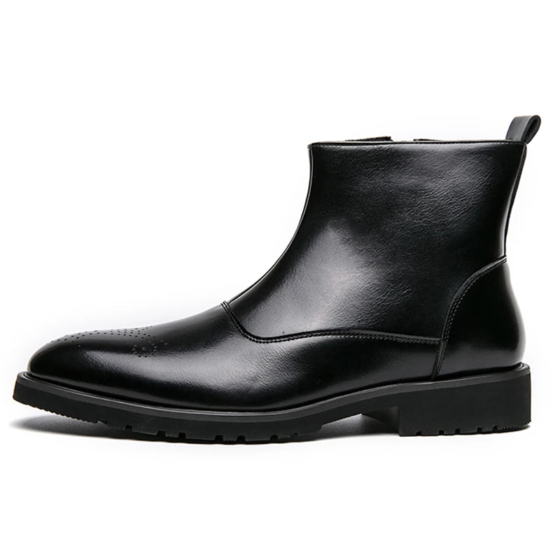 Brogue Chelsea Boots Men Mid Calf Dress Boots Business Formal Ankle Boots Antumn Bota Masculina Split Leather Shoes