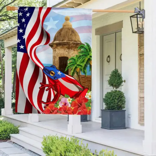 Puerto Rico Hibiscus Flower Toad Frog Garden Flag, Double-Sided