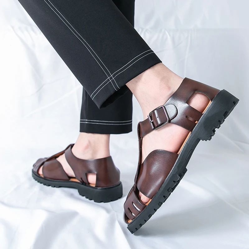 

Fashion Hollow Out Beach Loafers Shoes Outdoor Non-slip Thick-soled Artificial Leather Sandals for Men's Vacation Sandals New