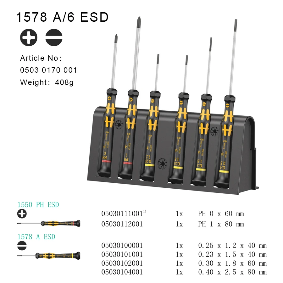 WERA 05030170001 Precision ESD-safe Micro Screwdriver Set 6Pcs and rack for electronic applications 1578A Anti-roll Screwdriver