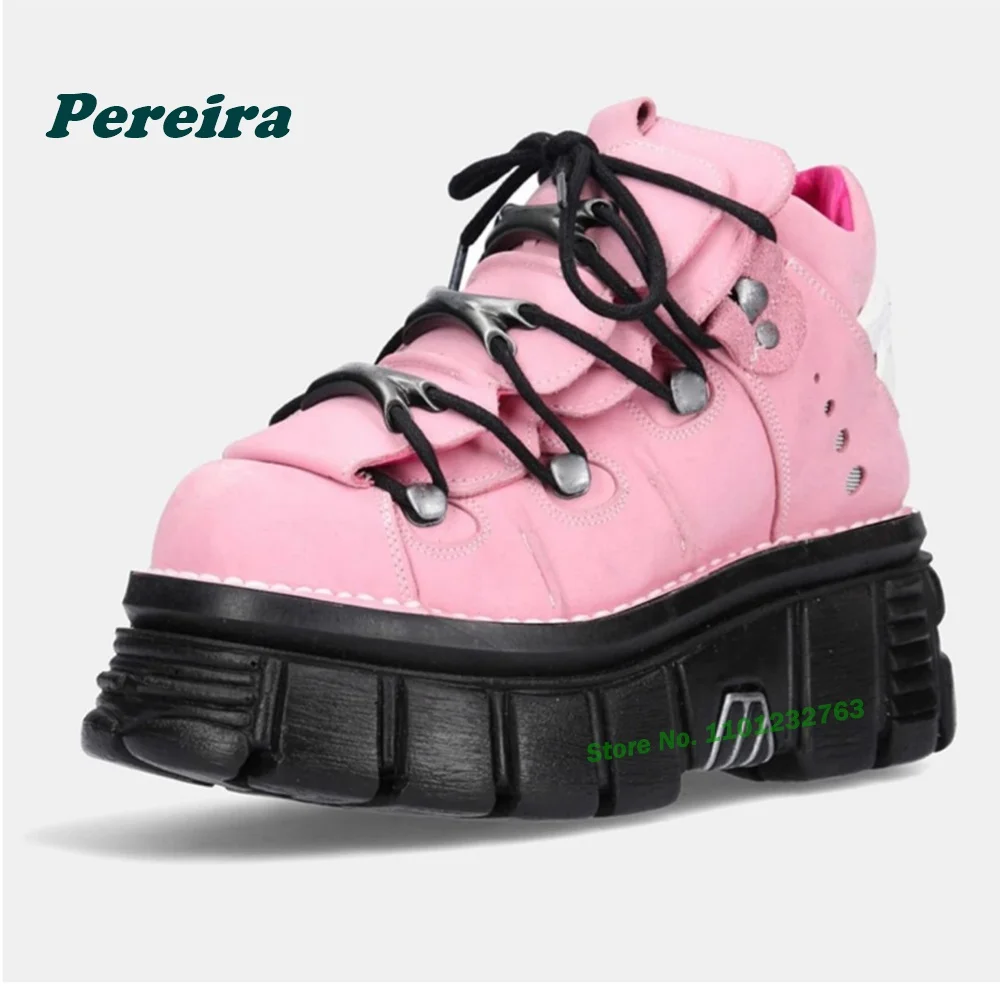 Pink Metallic Rock Ankle Boots Tank Soled Platform Punk Motorcycle Boots Spicy Girls Y2K Street Style Retro Women's Shoes Spring view 3